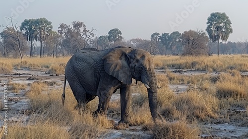   An elephant stands amidst a dry grass field  surrounded by trees and bushes  in a foggy morning