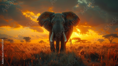  An elephant stands in a field as the sun sets, casting long shadows; clouds scatter across the sky