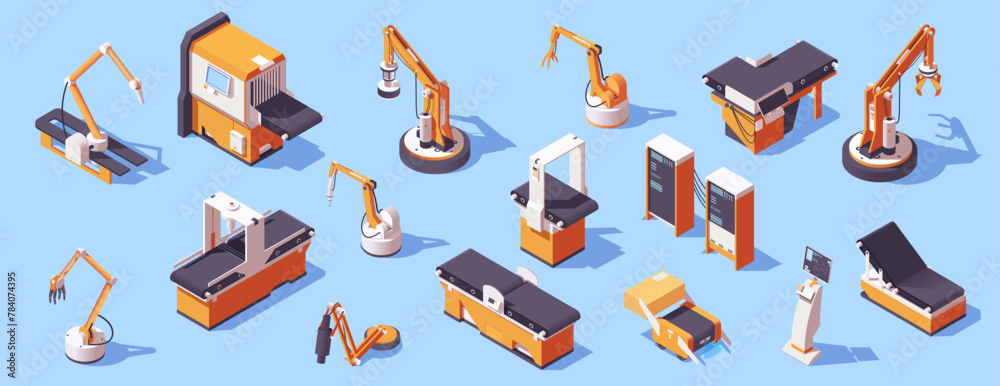 Isometric vector illustration of various industrial robotic arms and machinery on a light blue background, symbolizing automation. Vector illustration - obrazy, fototapety, plakaty 