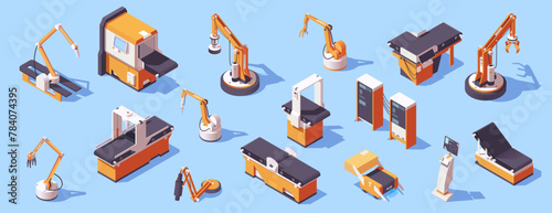 Isometric vector illustration of various industrial robotic arms and machinery on a light blue background, symbolizing automation. Vector illustration © GN.STUDIO