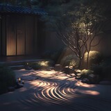 Ethereal Nighttime View of a Serene Rock Garden Illuminated by Traditional Lighting