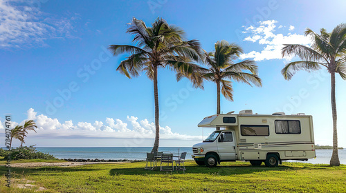 A white caravan parked in the grass under palm during vacation