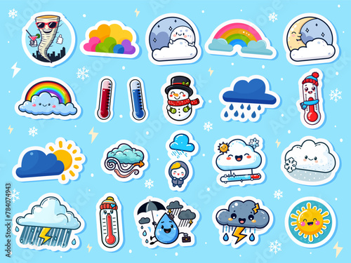 A collection of colorful weather-themed stickers, in cartoon style, set against a blue background with snowflakes, depicting various weather conditions and elements. Vector illustration