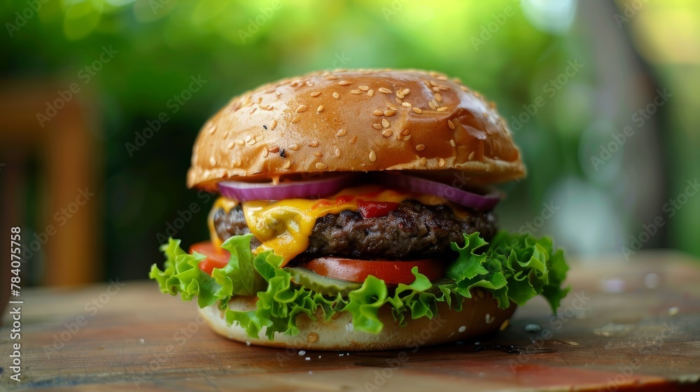 A delectable close-up of a hamburger with sesame seeds on the bun, lettuce, tomato, cheese and beef patty A delectable close-up of a hamburger with sesame seeds on the bun, lettuce, tomato, cheese and beef patty