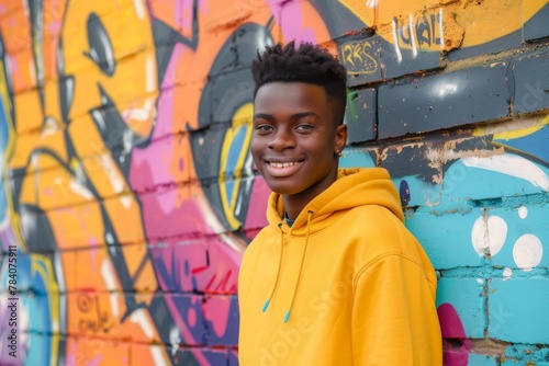 Teenager with a short haircut in a yellow hoodie smiling against a vibrant graffiti wall