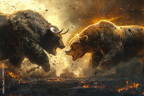 Illustration Bull and bear fighting, symbolizing rising and falling markets Intense lighting, bold style , High detail, High resolution, photo