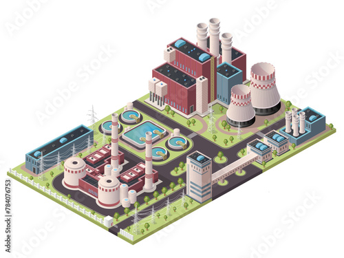 Nuclear energy, power station, ecology pollution, realistic design, industrial technology, environmental issue caused by toxic smoke. Reactor and factory building. Isometric vector illustration