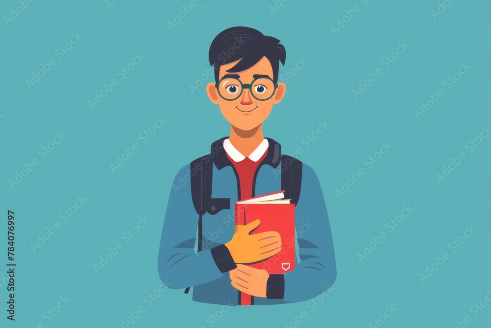 The image presents a student holding books, in a flat design style, depicting education and academic preparation