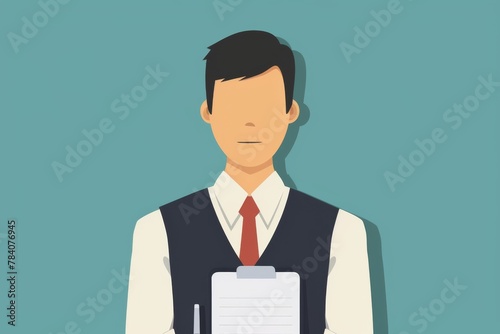 Illustration of a professional man holding a clipboard in a vest and tie His face is intentionally blurred out photo