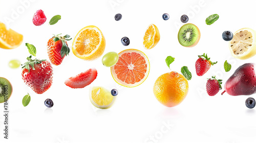 
várias frutas  flutuando no ar isoladas, fundo branco, espaço de cópia photo