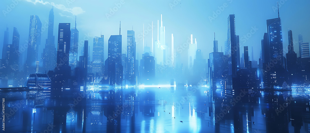 The city appears to be bathed in soft blue light, suggesting either early morning or late evening. Numerous skyscrapers dominate the skyline