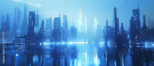 The city appears to be bathed in soft blue light  suggesting either early morning or late evening. Numerous skyscrapers dominate the skyline