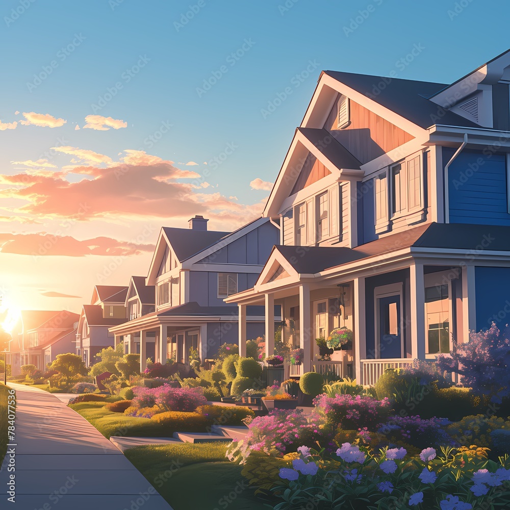 Experience the serene beauty of a suburban neighborhood as the sun sets, casting warm hues and long shadows over charming houses and lush gardens.