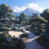 Exquisite Zen Garden in a Japanese Village with Mountainous Backdrop