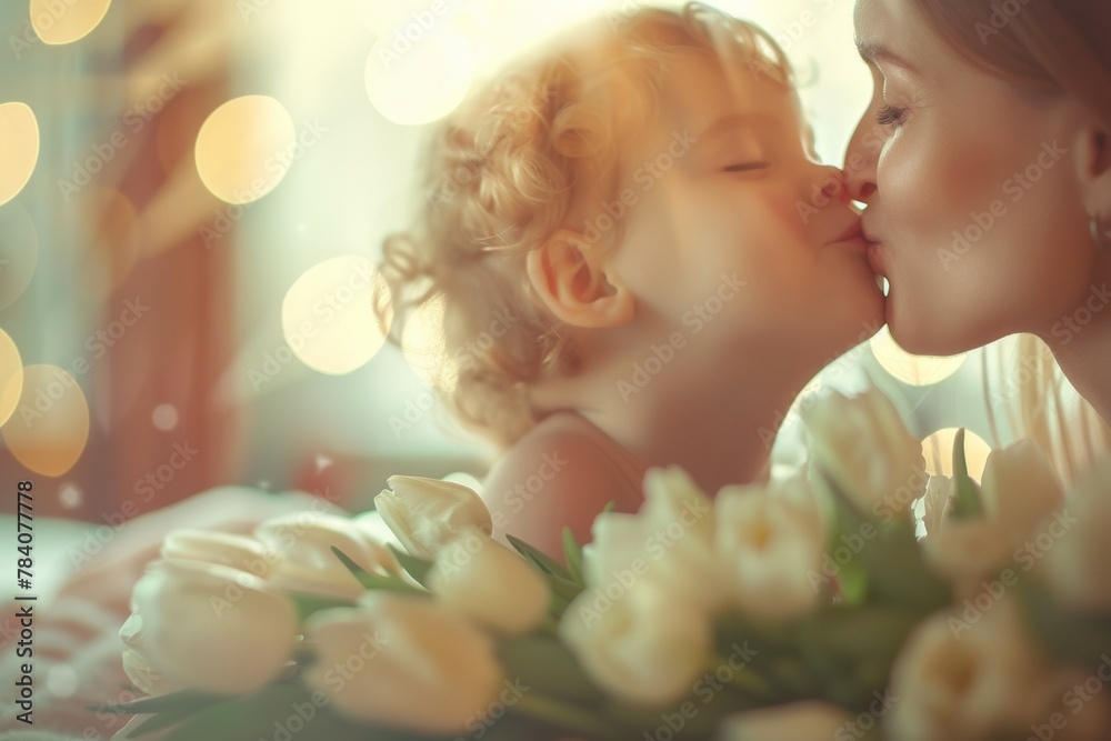 A woman kisses a child while holding a bouquet of white flowers. Happy Mother's Day concept - obrazy, fototapety, plakaty 