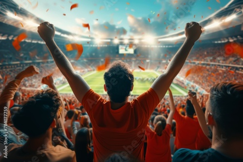 A man in an orange shirt is holding his hands up in the air in a stadium. Football fans support the team
