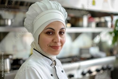 A captivating female chef wearing a white headscarf and chef's attire with a bright smile in a sunny kitchen