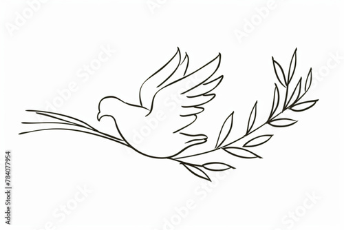 One continuous line drawing of dove with olive branch. Bird symbol of peace and freedom in simple linear style. Concept for national labor movement icon. Editable stroke. Doodle vector illustration ve © Ahtesham