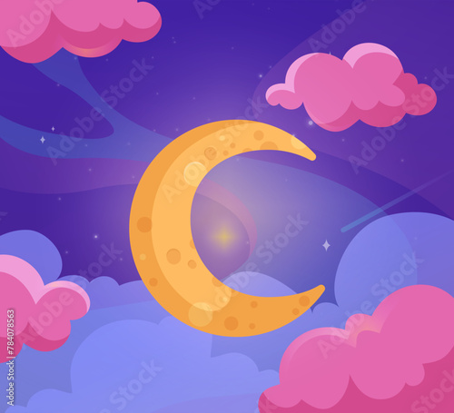 A colorful illustration of a crescent moon among fluffy clouds against a starry night sky, embodying a dreamlike fantasy theme. Vector illustration