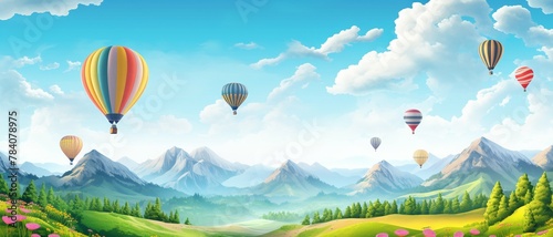 Hot air balloons are flying in blue cloudy sky over a mountain landscape, colorful banner