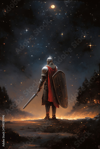 Knight with his back to the viewer, dressed in a simple yet sturdy suit of armor.