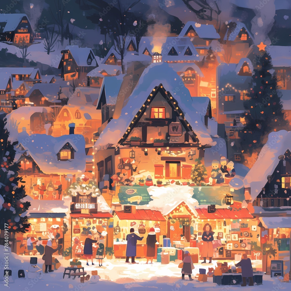 A charming winter village market brimming with holiday cheer and twinkling lights. The perfect image for festive campaigns, holiday greetings or cozy winter settings.