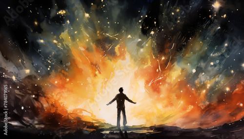 In a nighttime landscape with vibrant colors and a starry sky, a serene-looking young man with a determined gaze stands surrounded by a glowing aura.