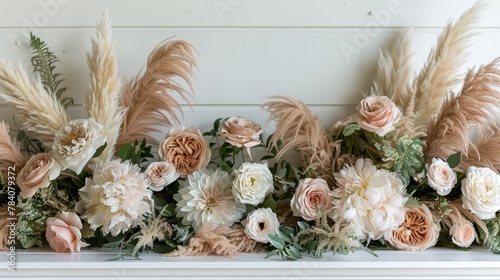   A mantel adorned with an arrangement of flowers atop fake grass, crowned with feathered blooms photo