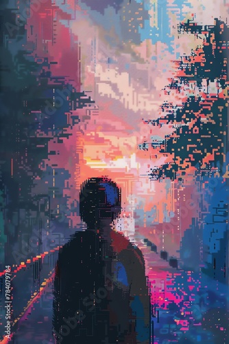 Bring Rear View Wisdom and Knowledge to life through a unique mix of pixel art and glitch art techniques Create a scene where a pixelated figure is looking back at a distorted, glitchy landscape, symb