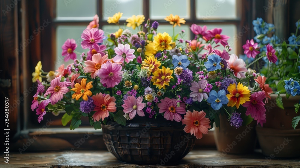  A window sill adorned with a basket brimming with vibrant flowers and potted plants