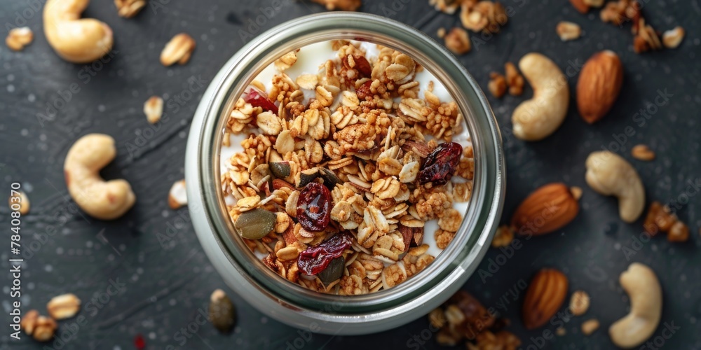 A glass jar filled with granola and nuts, perfect for healthy eating concepts A glass jar filled with granola and nuts, perfect for healthy eating concepts