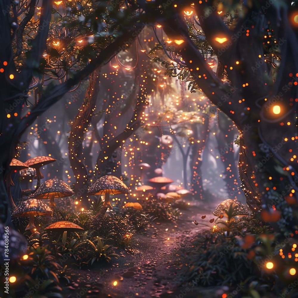Obraz premium Illustrate a whimsical forest scene from the perspective of a tiny creature looking up, using traditional art medium Infuse the image with magical elements like glowing mushrooms and fluttering fairie