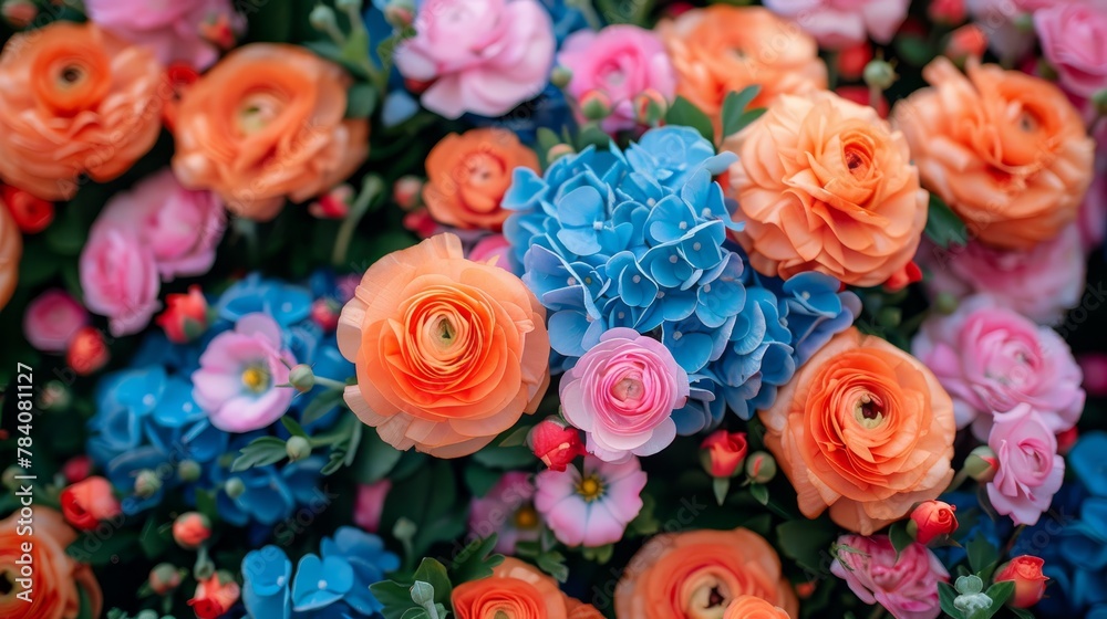  orange, blue, pink, and red flowers in the backdrop