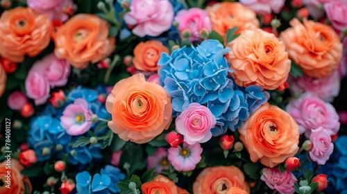  orange, blue, pink, and red flowers in the backdrop
