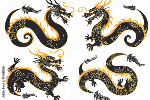 Set of four chinese dragons of black and gold colors. Symbol of New Year 2024. Asian vintage zodiac symbols. Design elements for your holiday banners and posters. vector icon  white background  black 