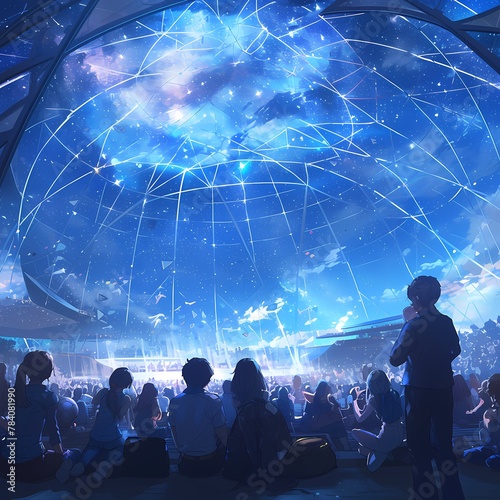 Immersive Astronomical Experience at the Open-Air Aurora Amphitheater with Starry Skies and Excited Spectators