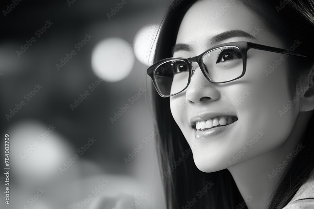 A woman wearing glasses in a black and white photo