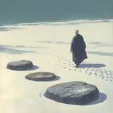 Walking Meditation in a Serene Snow-Covered Rock Garden