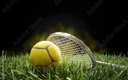 Badminton ball and racquet on grass in black background