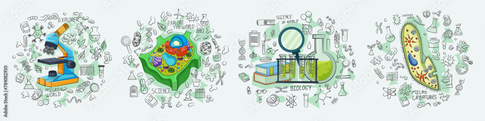 Fototapeta Four sections depicting various scientific elements and tools in a doodle like style on a light background, concept of education and research. Vector illustration