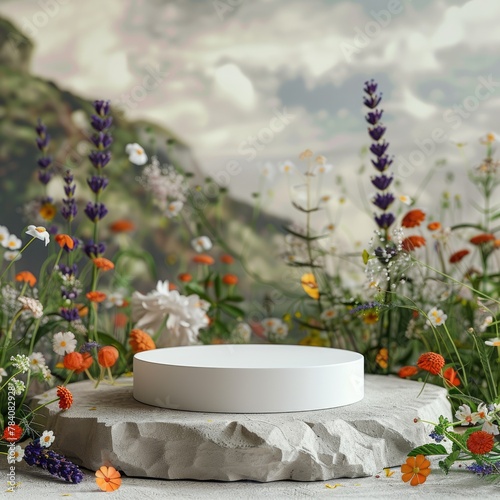 Herbal medicine stand mockup: empty podium on table for supplements, alternative medicine, homeopathy, herbal treatment, natural products, with banner and copy space for advertising and promotion. © Ruslan Batiuk