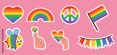 lgbt pride sticker set, pride month isolated icons, rainbow and heart, gay symbol
