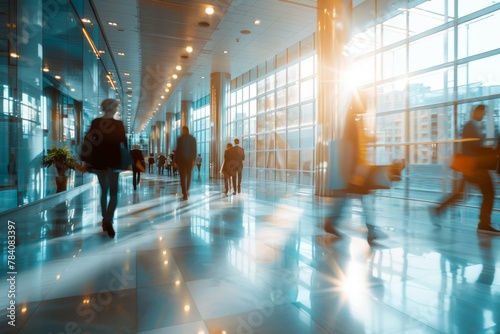 A busy city street with people walking and carrying bags. Business concept photo