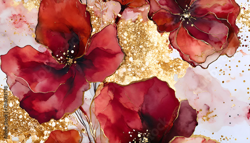 Elegant  red flowers alcohol ink background with gold glitter elements