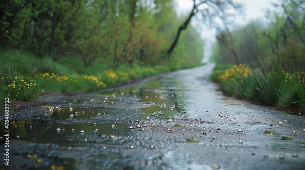 A wet road in the middle of a forest A wet road in the middle of a forest