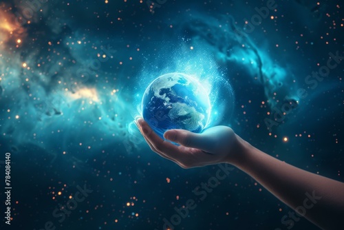 Hand Holding Glowing Earth, Environmental Conservation Concept