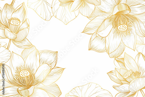 Vector background with golden lotuses and leaves. Luxury design template with line lily. Nelumbo nucifera flower for banners, invitations, cover and packaging design. vector icon, white background, bl photo