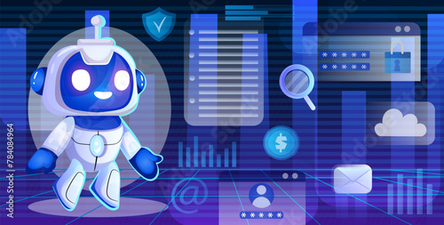 A cheerful robot in a digital environment, vector illustration on a vibrant blue background, concept of technology and security. Vector illustration