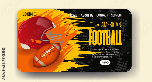American football landing page template with helmet and ball, vector illustration on a vibrant orange and black background, concept of sports. Vector illustration