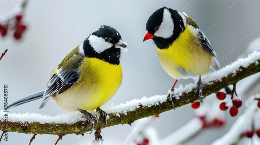 Fototapeta premium Two small birds perched on a snowy tree branch